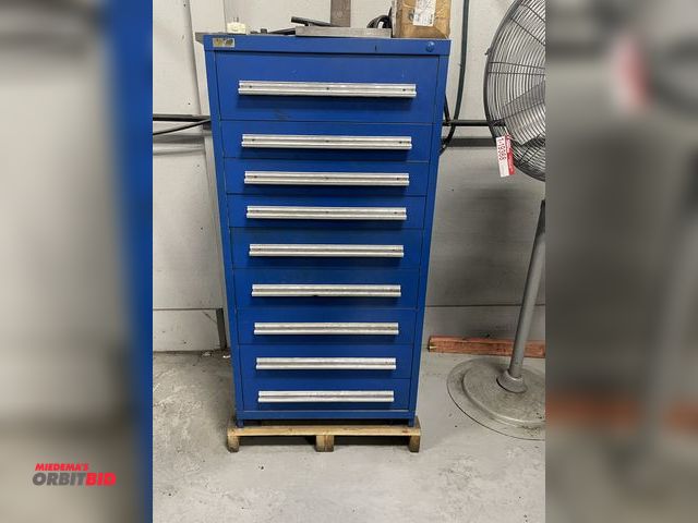 Lot 1-19369 - (1) Stanley Vidmar 9-drawer cabinet, 30" x 28" x 59" tall, includes assorted chuck jaws, Twist drill...