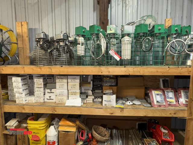 Lot 1-4545 - Contents of shelf, includes assorted Arlington in box recessed electrical boxes, assorted weather pr...