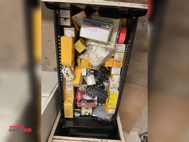 Lot 1-6266 - Contents of file cabinet, includes assorted GFI plugs, brands include Hubbell and Leviton, plug cord...