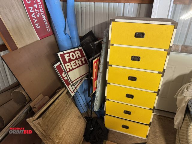 Lot 1-14247 - Contents of (1) dresser, assorted "For Rent" signs, assorted wood, countertop pieces, and more.