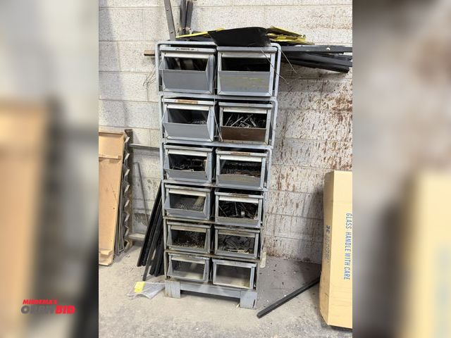 Lot 1-17239 - (1) 24" width x 60" height x 24" depth, 12-bin steel hardware storage rack with pull out bins, and c...