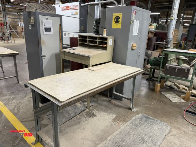 Lot 1-16523 - (1) steel foreman's work desk, 34" wide, (1) steel shop table, 72" x 29", and (1) Lyon 36" 2-door st...