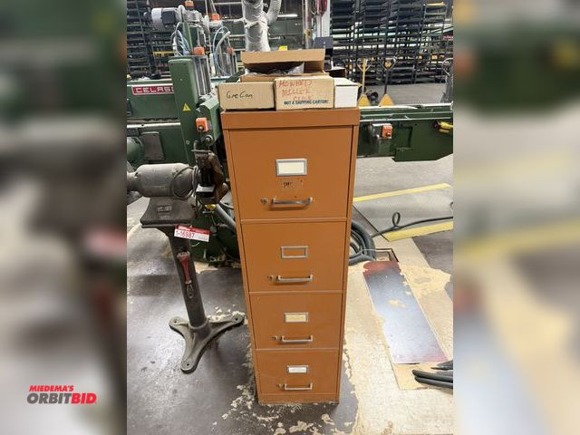 Lot 1-16988 - (1) 4-drawer file cabinet with assorted items, includes (2) microwave sensors, D15N black frequency ...