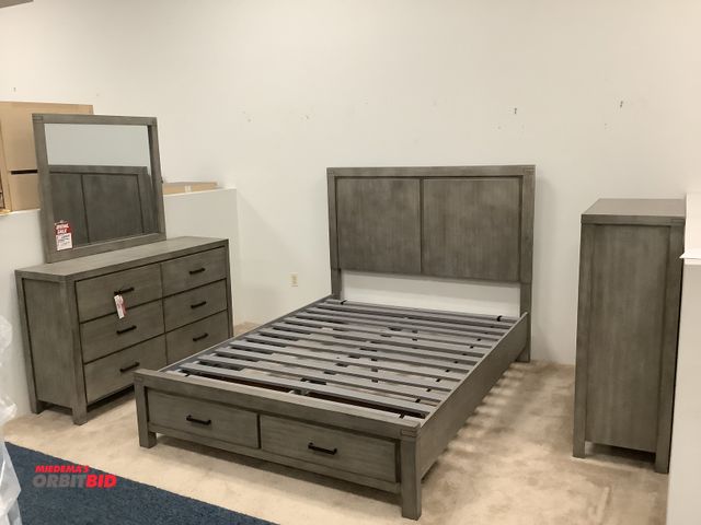 Lot 1-17244 - Bedroom set with queen sized bed frame 86 1/2” by 63 1/“ total dimensions, head board is 56” tall. D...