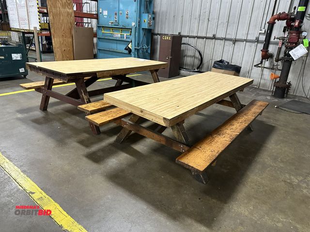 Lot 1-14400 - (1) 96" long x 28" height and (1) 86-1/2" long x 30-1/2" high wood picnic table, both has Formica to...