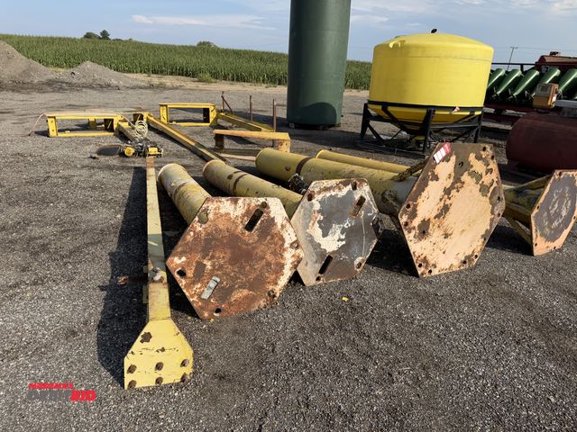 Lot 1-9853 - (4) assorted floor cranes, four posts, four overhead beams, only one has a hoist, Budget 1 ton elect...