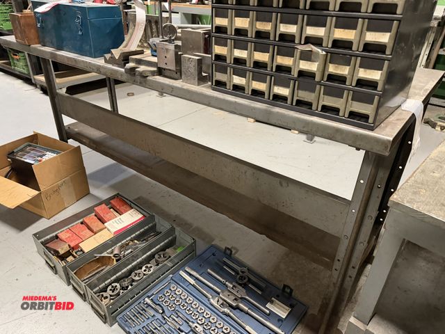 Lot 1-18602 - (1) parts bin pull out drawer with assorted pins, clock parts, Emery sanding papers, Morse jobber dr...