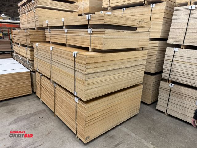 Lot 1-17166 - (7) pieces of 3/4" thick x 4' x 8' solar oak/pearl white particle board, (15) pieces of 3/4" thick x...