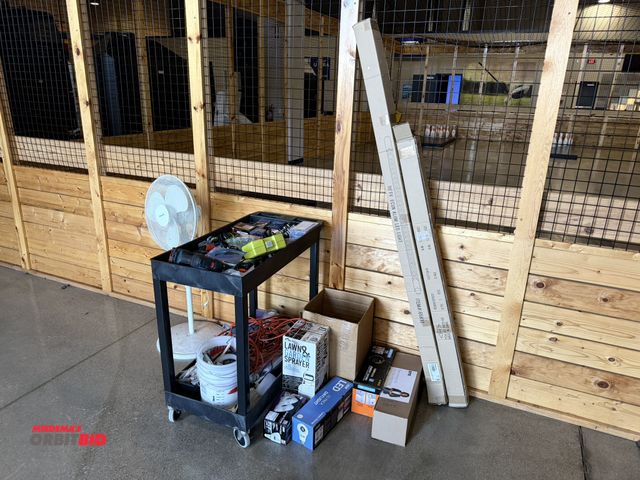 Lot 1-11288 - (1) 2-tier plastic rolling cart, with assorted Bosch 18V drill, (2) batteries, missing charger, (1) ...