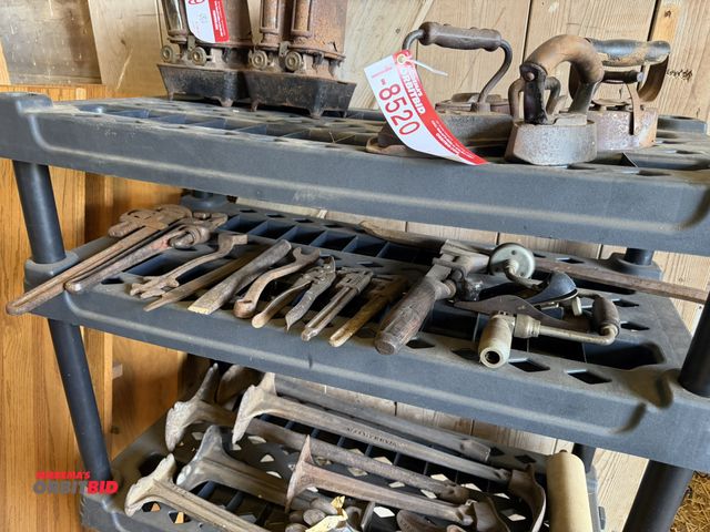 Lot 1-8521 - Lot of assorted vintage hand tools, includes adjustable wrenches, shears, hand drills, and more.
