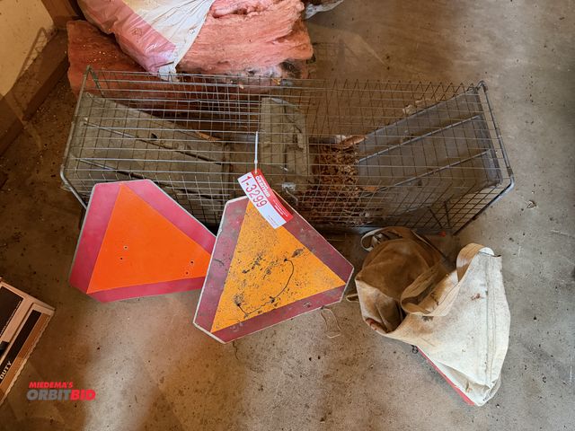 Lot 1-3299 - Lot of animal trap, (2) 'Caution' signs, and hand seeder