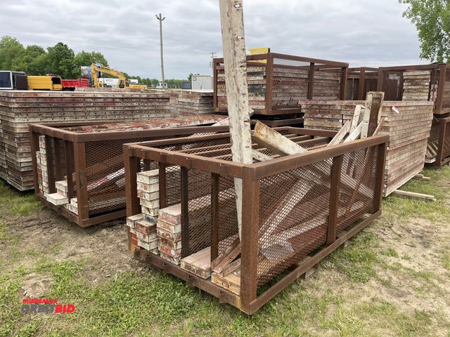 Lot 1-19718 - Lot of assorted concrete panels/forms, and (2) steel cages, 1 basket with (2) 10", (6) 8", (9) 6", a...