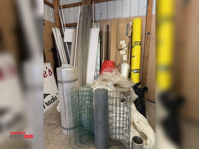 Lot 1-14218 - Lot of assorted items, includes 36" wide fencing, 48" rolled shiny insulation, snow fence, 8' light ...