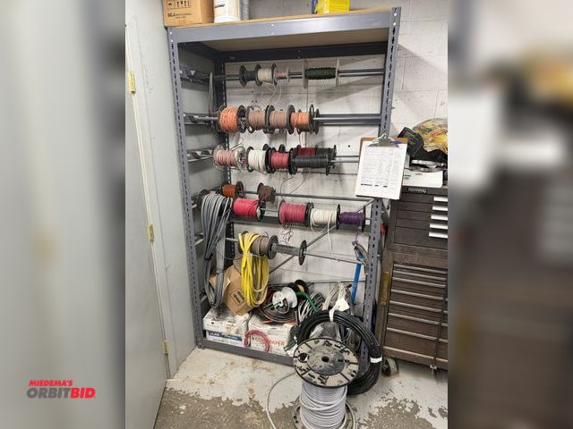 Lot 1-16812 - (1) Global wire rack, 48" wide x 24" deep x 84" tall, with assorted wire, includes partial spools 10...