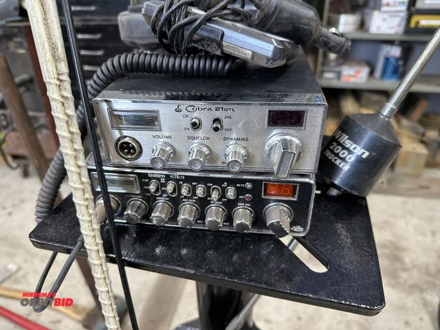 Lot 1-559 - (1) Cobra 21GTO CB, (1) Uniden TC78LTD CB, (2) antennas, and (1) 33" tall pedestal stand for grinder...