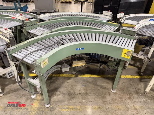 Lot 1-5311 - Set of (3) 15" width x approx. 5' length curved power roller conveyor sections, 3 phase electric mot...