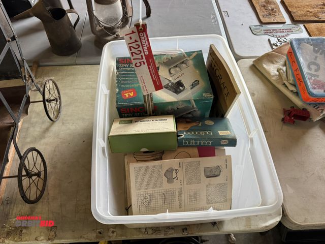 Lot 1-12275 - (1) Singer Tiny over edging machine, assorted patterns, and sewing items.
