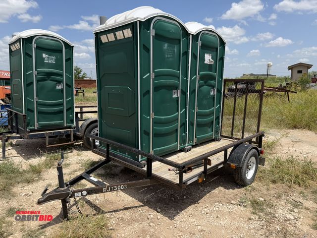 Lot 1-9494 - (1) single axle utility trailer with wood decking, (2) Poly John portable toilets bolted to wood dec...