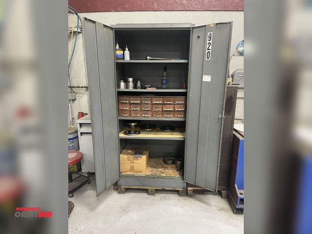 Lot 1-19281 - (1) 36" 2-door cabinet, with an 18-drawer metal parts bin, includes assorted Dynabrade contact arm a...
