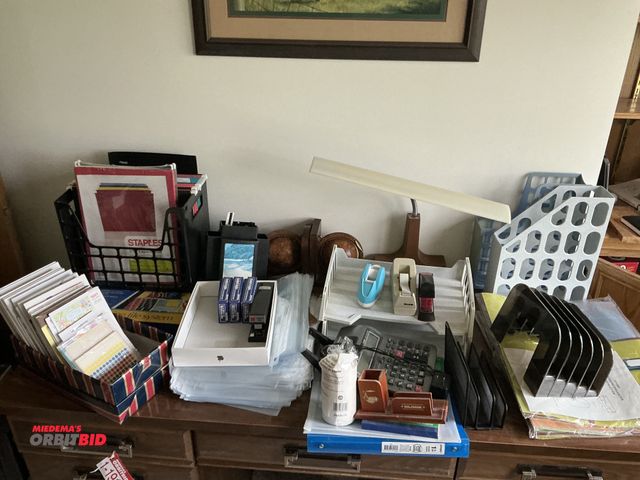 Lot 1-19321 - Large lot of assorted office items includes Casio, adding machine, tape, dispensers, bookings, lamp,...