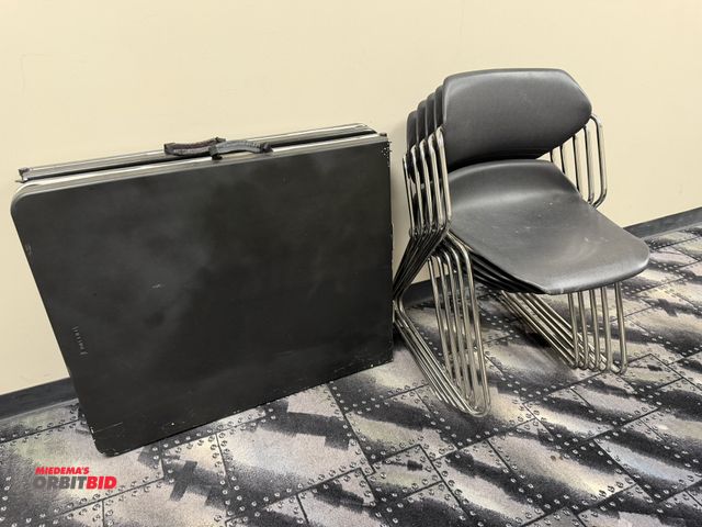 Lot 1-11184 - (2) Lifetime 6' long folding tables with 1-1/2" thick plastic tops and (5) matching stackable chrome...