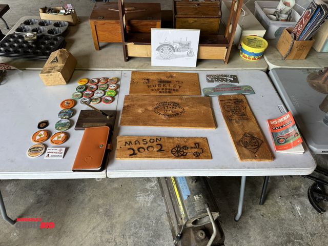 Lot 1-12301 - Lot of assorted vintage buttons, Alice Chalmers buttons, Buckley stamps, business cards, and more.