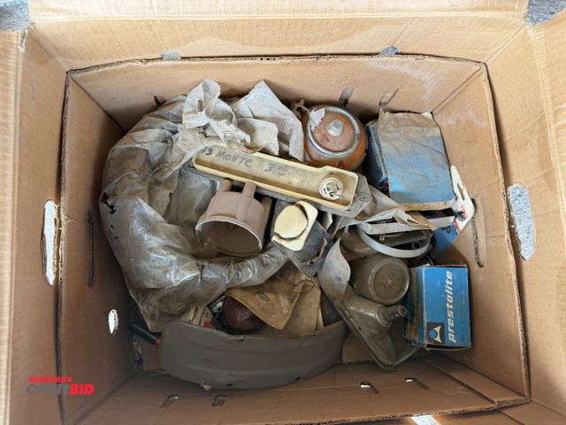 Lot 1-8560 - Lot of assorted vintage car parts, includes '73 Monte Carlo tail lights, distributor tops, hub caps,...