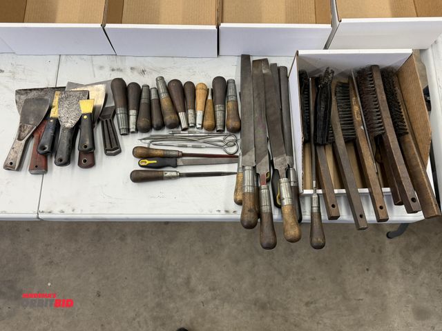 Lot 1-6158 - Large lot of assorted tools, including various wire brushes, files, file handles, putty knives, and ...