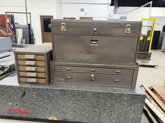 Lot 1-15310 - (1) 2-piece Kennedy machinists tool box with assorted hand tools, includes parallel bars, magnetic h...