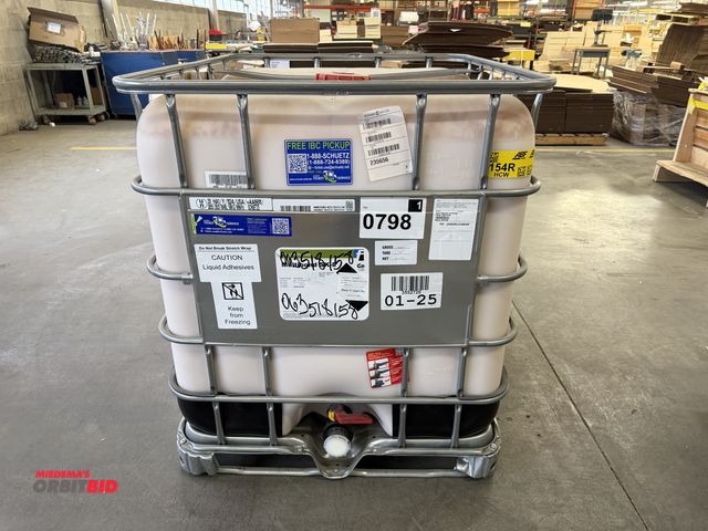 Lot 1-17392 - (1) approx. 250 gallon capacity container of Multi Bond SK8 wood adhesive with cage, and lower nozzl...