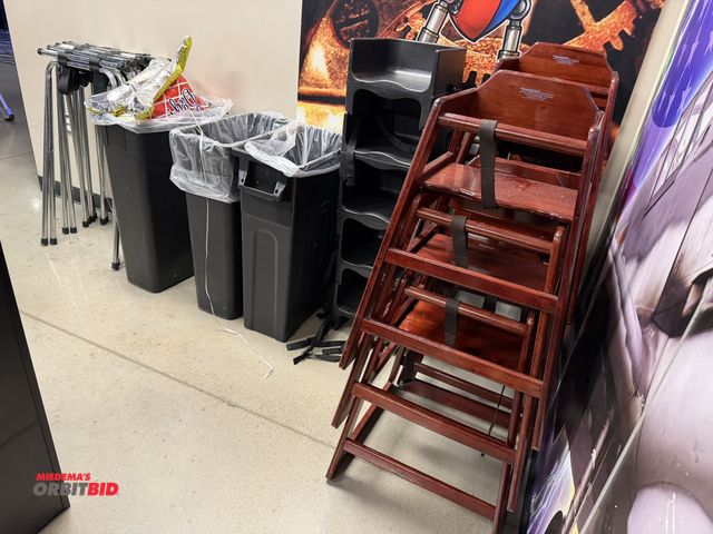 Lot 1-11180 - (6) wood high chairs, (5) Wimco plastic two sided booster seats, (3) 30" tall x 10" wide x 19" long ...