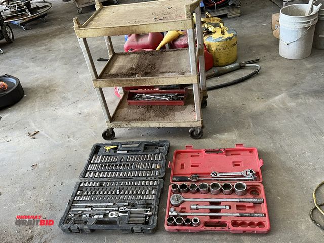 Lot 1-14125 - (1) 27" length x 33" height x 16" depth, 3-tier plastic cart with contents, including (1) 3/4" drive...
