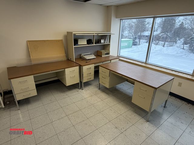 Lot 1-15835 - Lot of (3) 60" steel desks with Formica wood tops, 1 includes upper storage, and (1) Brother GX8250 ...