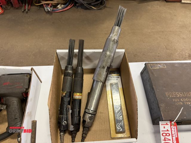 Lot 1-18465 - Set of (3) various air needle scale removers with a new Central Pneumatic 19-piece needle scaler rep...
