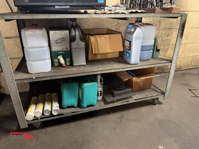 Lot 1-11057 - (1) 51" width x 33" height x 26" depth heavy duty steel stand with wood shelving, and contents inclu...