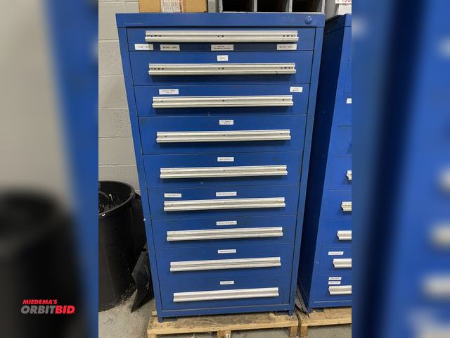 Lot 1-19332 - (1) Stanley Vidmar 9-drawer cabinet, 30" x 28" x approx. 59" tall, does not include contents, delaye...