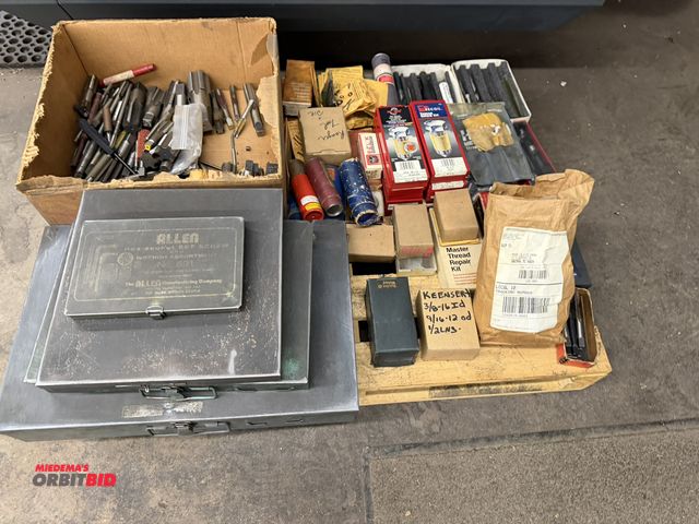 Lot 1-1694 - (1) skid of assorted taps, threads, thread repair kits, Heli coils, power coils, hex socket set scre...