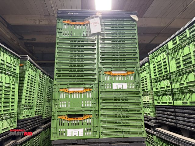 Lot 1-17447 - Lot of approx. (280) Cleverbox 23" x 7" x 16" collapsible plastic totes, some filled with Styrofoam ...
