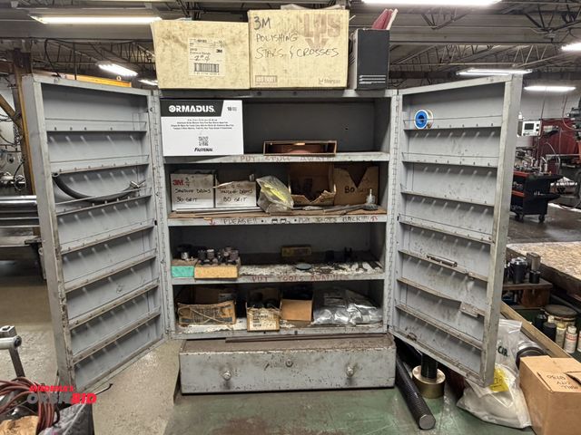 Lot 1-6343 - (1) 2-door metal cabinet, 28.5" wide x 12" deep x 38" tall, has pull out drawer with sanding items, ...