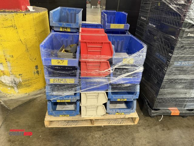 Lot 1-5563 - One skid of approx. (39) various sized plastic hardware storage bins, ranging in size between 3.5" x...