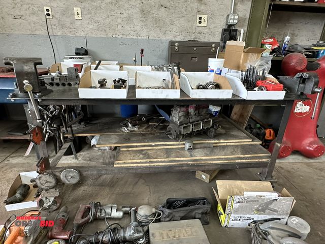 Lot 1-508 - (1) heavy duty steel bench, approx. 72" length x 52" width with dual vises (Westward 6" mounted vise...