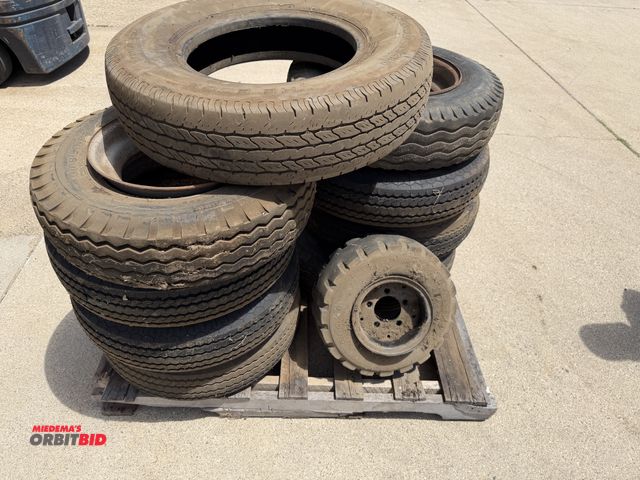 Lot 1-102596 - (8) Skid of assorted tires and rims, mobile home axle style rims