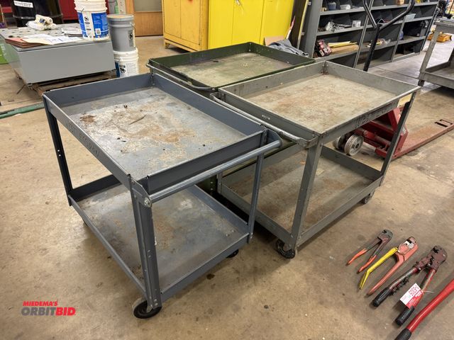 Lot 1-6306 - Lot of 3 metal product carts, (1) 38.5" long x 23.5" wide x 31.5" tall, and (2) approx. 38.5" long x...