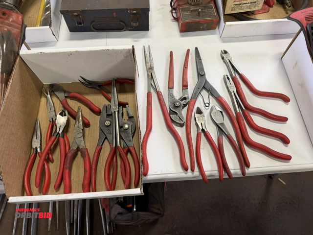 Lot 1-18451 - Lot of assorted Snap-On needle nose pliers, side cutters, channel locks, curved needle nose pliers, ...