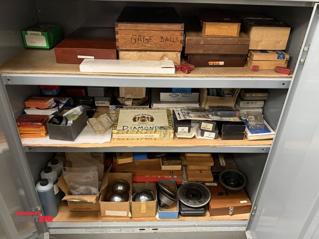 Lot 1-12526 - Contents of lower cabinet only, includes assorted micrometers, gauge balls, gauge blocks, parallel s...
