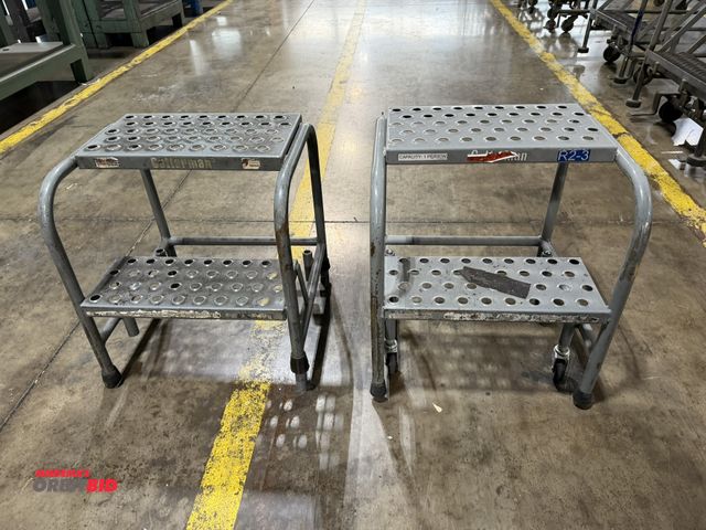 Lot 1-5198 - Set of (2) Cotterman 2-step steel step stools, 1 with wheels, 1 without.