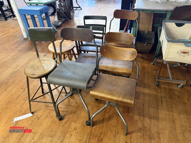 Lot 1-4763 - Lot of (7) assorted vintage chairs, and (2) wooden stools, winning bidder responsible for proper rem...