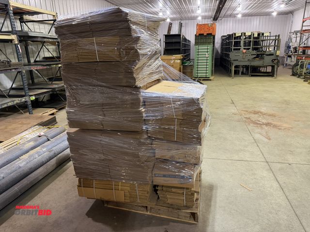 Lot 1-15882 - (4) skids of assorted cardboard boxes and cardboard packing materials, Uline poly bags, Uline protec...