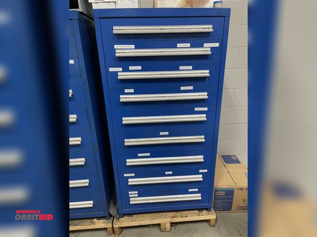 Lot 1-19327 - (1) Stanley Vidmar 9-drawer cabinet, 30" x 28" x approx. 59" tall, does not include contents, delaye...