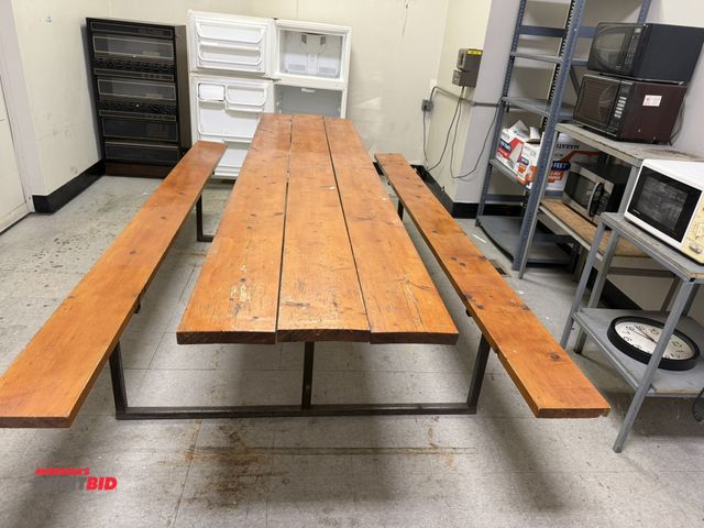 Lot 1-15448 - (1) 1.5" wide heavy duty steel frame, custom built picnic table, 10' long x 27.5" top x 67.5" wide f...